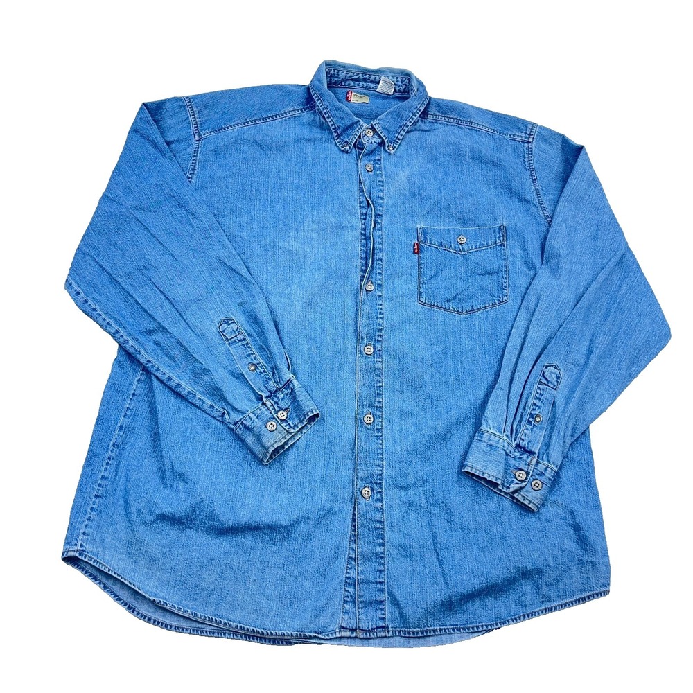 Vintage‎ Levis Denim Shirt Men XL Blue Metal Button Up Western 90s Y2K Red Tab